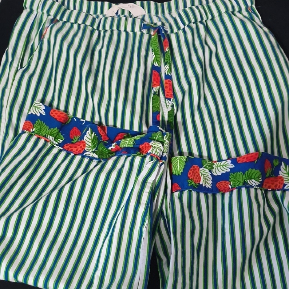 Anthropologie Green and White Striped Pants With Strawberry Print